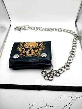 Skull Print Tri Fold Black Vegan Leather Wallet with Chain-Black + Gol